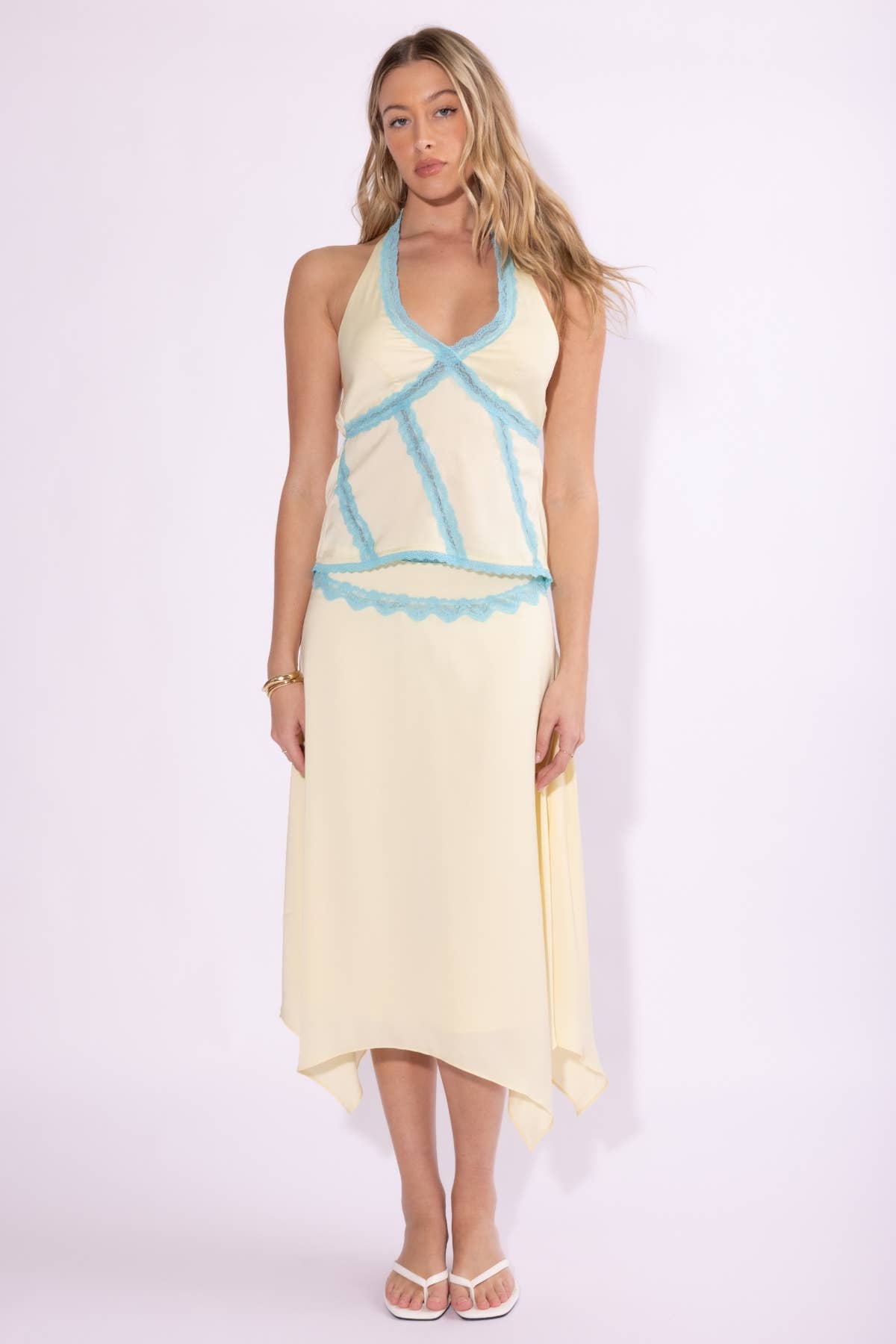 BS517C - HANKY HEM LACE TRIM DETAIL LOW WAIST MIDI SKIRT